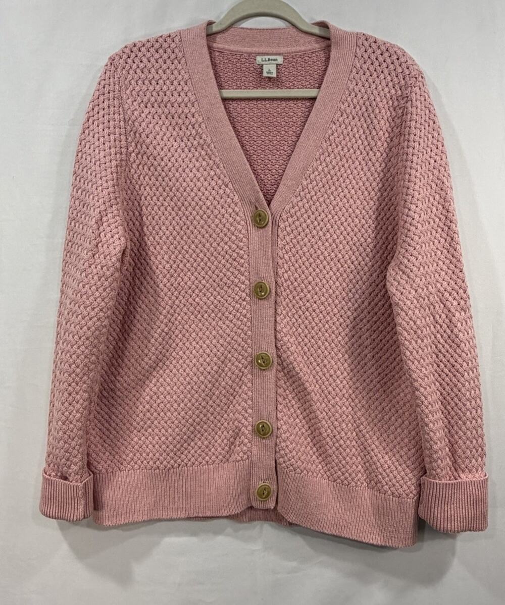 LL Bean Basketweave Sweater Cabincore Knit Button Down Cardigan Women L Pink